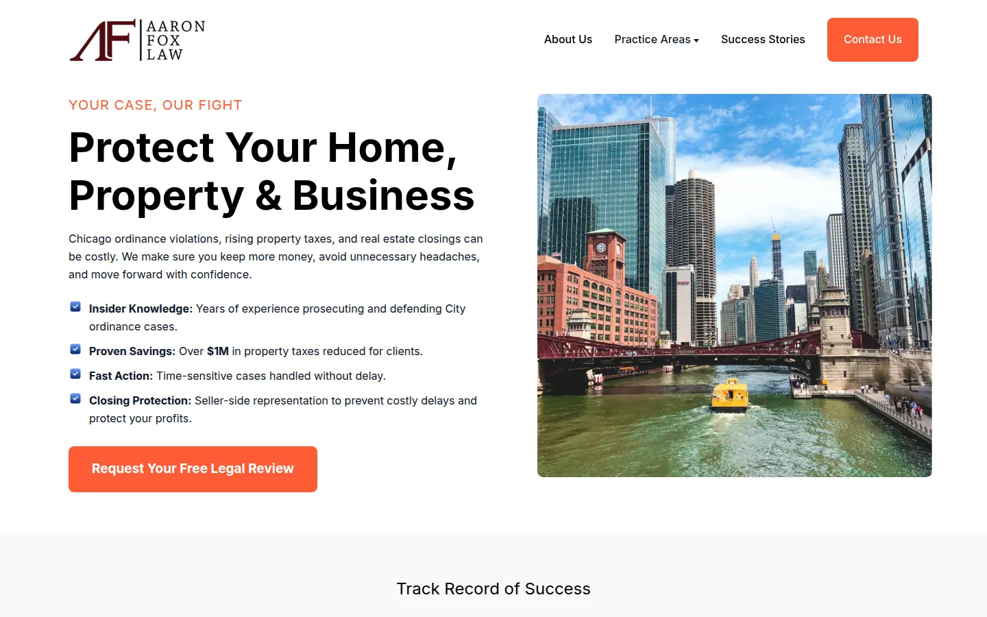 Aaron Fox Law homepage: protect your home, property and business headline beside the Chicago River