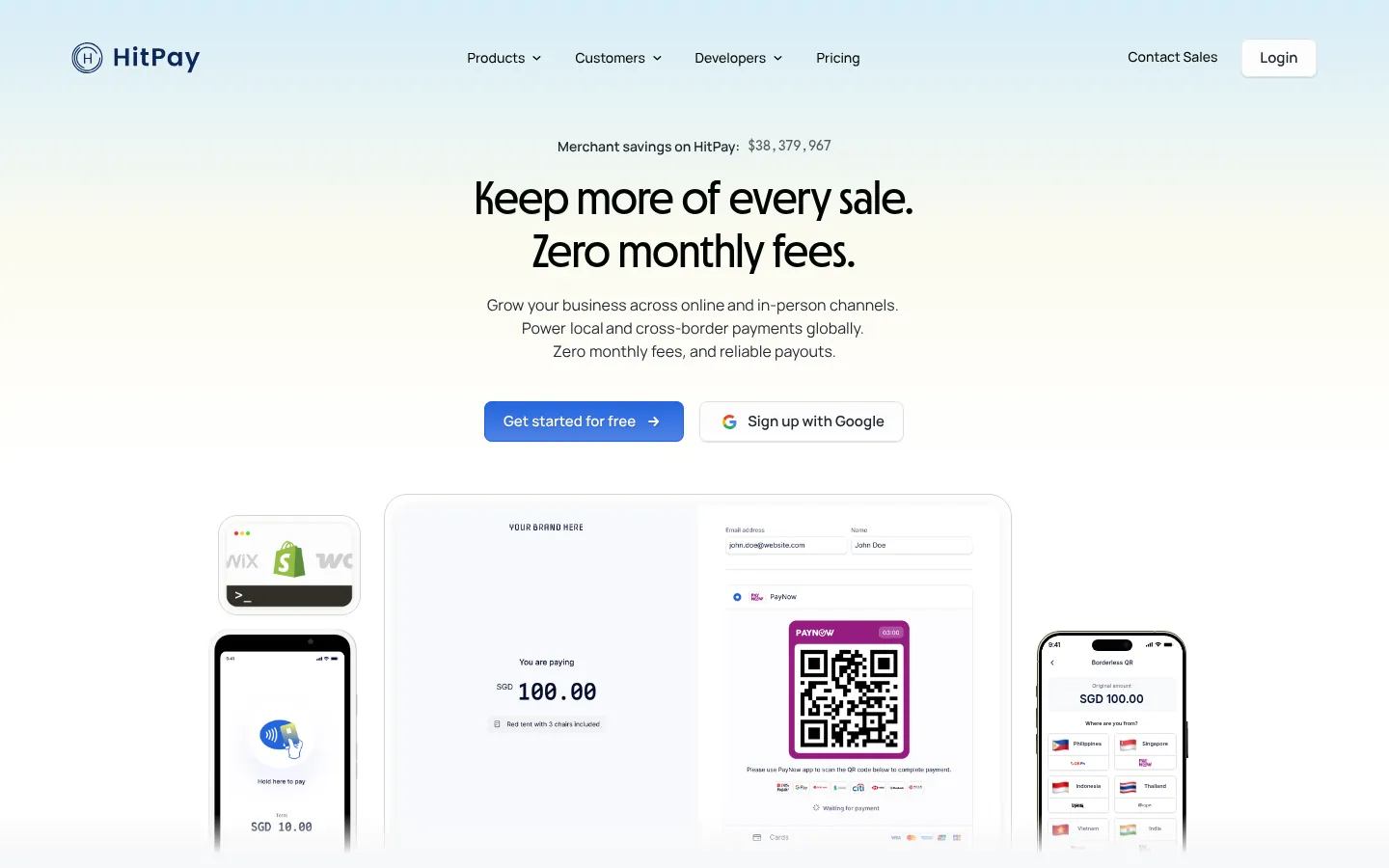 HitPay homepage: zero monthly fees headline above checkout, POS, and payment link previews